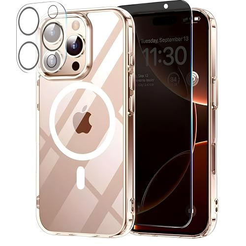 Magnetisch für iPhone 16 Pro Hülle Kompatibel mit MagSafe, 3-in-1-Set Handyhülle für iPhone 16 Pro Case Rundumschutz Schutzhülle Handyhülle & Anti Spy Schutzfolie & Kameraschutz - Transparent von LIONO