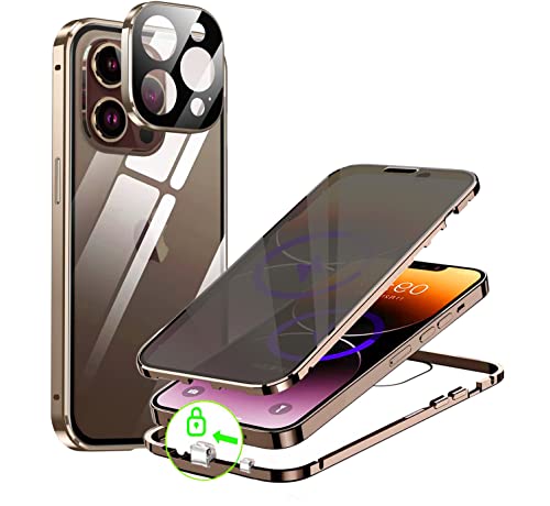 Privacy Case for iPhone 14 Pro Double-Sided Cover,Anti-Spy Tempered Glass Case Built-in Camera Protector,360 Full Cover Metal Bumper Magnetic Anti Peeping Phone Case for iPhone 14 Pro,Gold von LIONO