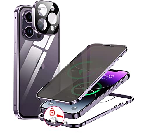 Privacy Case for iPhone 14 Pro Double-Sided Cover,Anti-Spy Tempered Glass Case Built-in Camera Protector,360 Full Cover Metal Bumper Magnetic Anti Peeping Phone Case for iPhone 14 Pro,Purple von LIONO