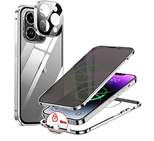 Privacy Case for iPhone 14 Pro Double-Sided Cover,Anti-Spy Tempered Glass Case Built-in Camera Protector,360 Full Cover Metal Bumper Magnetic Anti Peeping Phone Case for iPhone 14 Pro,Silver von LIONO