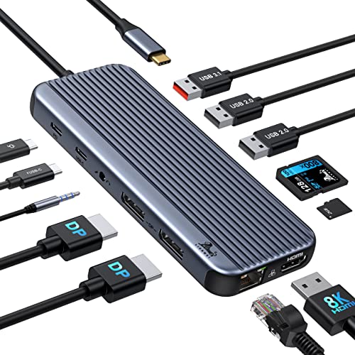 Docking Station Triple Display Multiport USB Hub, 12-in-1 USB C Docking Station mit 8K HDMI, Dual DP, 2*USB 3.1 10Gbps, USB 2.0, 100W PD, Ethernet, SD/TF Kartenleser für Lenovo/Dell/HP von LIONWEI