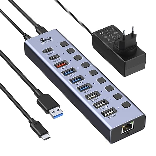 LIONWEI USB-Hub Aktiv 3.0 mit Netzteil 60 W, 10 Ports USB 3.0-Hub mit Aufladung, USB-C-Datenanschluss, Ethernet, individueller EIN-/Ausschalter, Multi-Port-Splitter zum Aufladen von LIONWEI