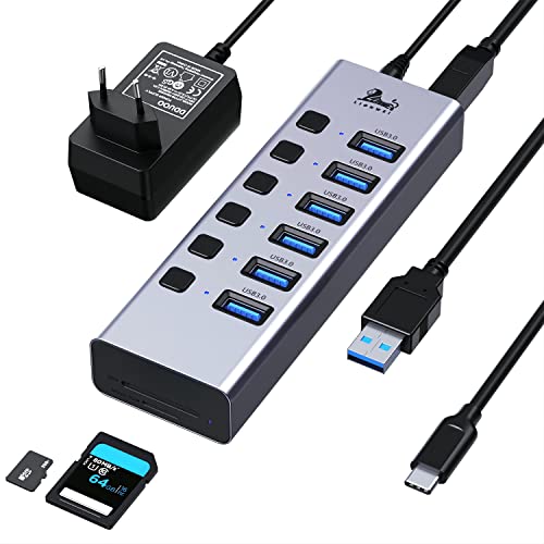 USB Hub, 8-IN-1 USB-C- und USB-A-Doppelanschlusskabel USB Hub Aktiv 3.0 mit Netzteil, DC 20W (5V/4A) USB-Verteiler zur Datenübertragung mit SD/TF Lesen, EIN/AUS-schaltern von LIONWEI