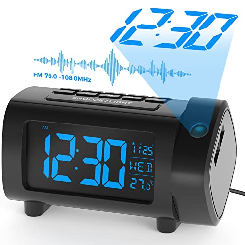LIORQUE Projektionswecker Radiowecker Digital Wecker mit Projektion 180°, Radio, Snooze, Wochenendmodus, USB, Ladefuntion, Temperatur, 2-Farb-Ziffern und 4-Stufe-Heilligkeit (Schwarz) von LIORQUE