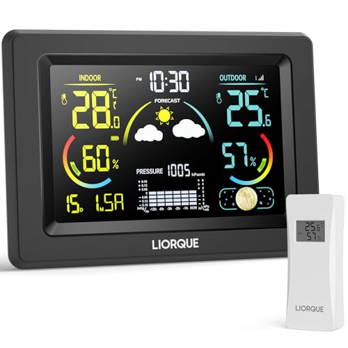 LIORQUE Wetterstation Funk mit Außensensor, DCF Funkuhr, Funkwetterstation mit Wettervorhersage, Innen und Außentemperatur/luftfeuchtigkeit, Barometer und Mondphase, LCD VA Display LIORQUE Wetterstation Funk mit Außensensor, DCF Funkuhr, Funkwetterstation mit Wettervorhersage, Innen und Außentemperatur/luftfeuchtigkeit, Barometer und Mondphase, LCD VA Display von LIORQUE