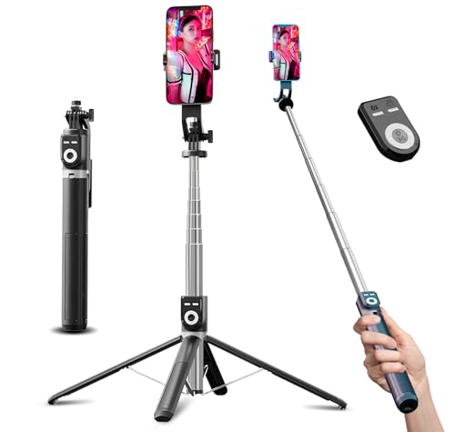 220cm Handy Stativ Selfie Stick Stativ mit Abnehmbarer Fernbedienung, Smartphone Stative, 360° Rotation Aluminium ausziehbar Handy Quad Stativ Ständer für iPhone, Android Smartphones, Camera (A) von LIROPAU