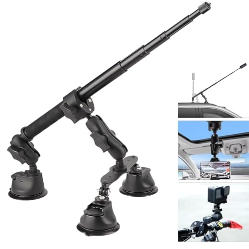 LIROPAU Dreifach-Saugnapf Kfz-Halterungs Set, Saugnapf Auto Halterung für Insta360 Gopro Akaso Action Kamera, 112 cm Selfie Stick, Dreifach Saugnapfhalterung für Windschutzscheibe und Fenster von LIROPAU