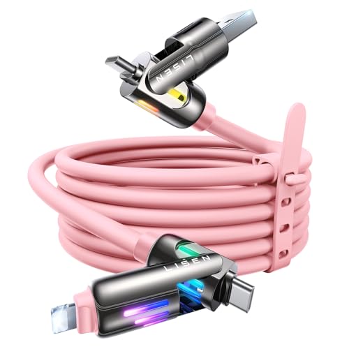 LISEN 240W Chubby USB C Kabel, 4 in 1 Ladekabel (6.6FT) mit Licht, USB A/C auf C/L Multi Charging für iPhone 16 15 14 Pro Max/MacBook/iPad Pro/Samsung S24, Rosa von LISEN