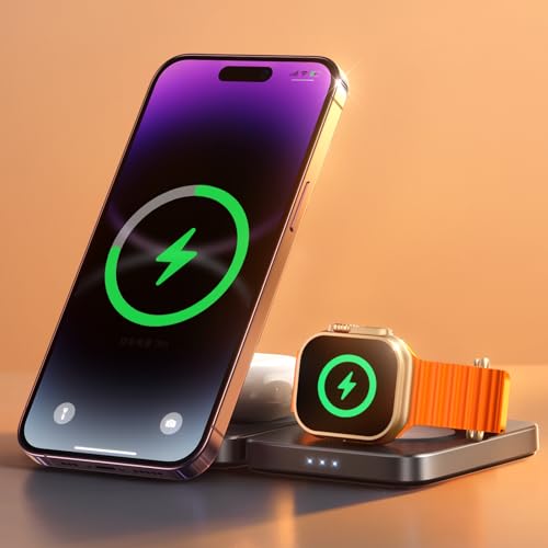LISEN für 3 in 1 Wireless Charger Ladestation Apple Watch und iPhone für Apple iPhone 16 15 Pro Max zubehör AirPods Max Pro 3 Ladestation für iPhone 16 15 Pro Max AirPods 4 3 Pro 2 Apple Watch 10 9 von LISEN