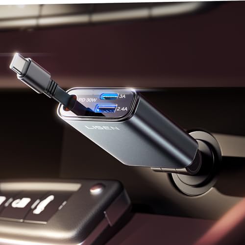 LISEN 57W Einziehbares Zigarettenanzünder USB C Schnellladegerät Ladegerät Auto Retractable ladekabel Auto KFZ Ladegerät 12V USB Adapter Auto zubehör für iPhone 16 15 14Pro Max iPad Samsung(schwarz) von LISEN