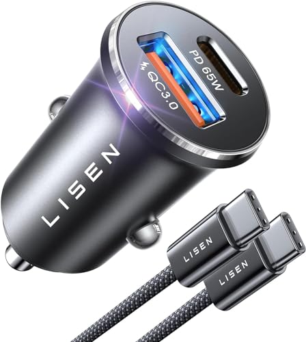 LISEN 95W Zigarettenanzünder USB C Verteiler [12v Steckdose Dualer PD65W ] Auto Ladegerät Mini Ganzmetall KFZ Ladegerät USB C Schnellladung Mit USB C Kabel, für Samsung S23 iPhone 15 Pro Max Android von LISEN