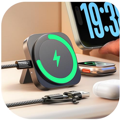 LISEN für Ladestation Apple Watch Und iPhone [Super Tragbar] Magsafe Ladegerät,Reisen Wireless Charger für iPhone Magsafe Stand 2025 iPhone Apple Induktive Ladestation Fit iPhone 16e Watch Airpods von LISEN
