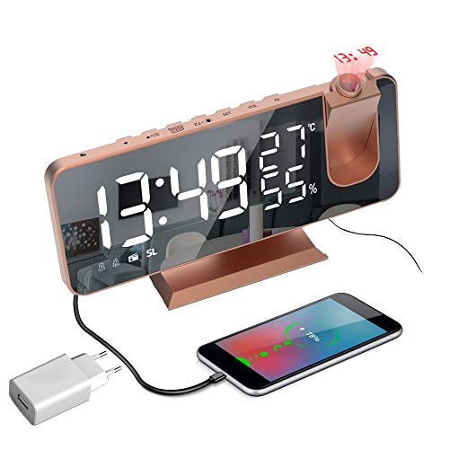 LITEYPP Projektionswecker, FM Digital Wecker mit Projektion 180°,Radiowecker Projektionsuhr Alarm Clock mit USB-Anschluss, 7" LED Spiegelbildschirm, Dual-Alarm, 12/24H, Snooze, mit Adapter, Roségold von LITEYPP