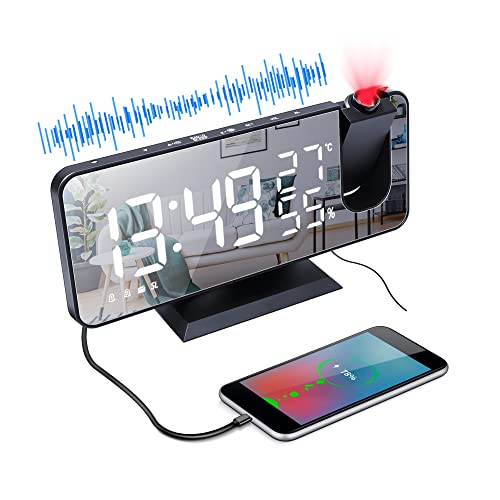 Projektionswecker, Digital Wecker mit Projektion 180°,Radiowecker Projektionsuhr Alarm Clock mit USB-Anschluss, 7" LED Spiegelbildschirm, Dual-Alarm, 12/24H, Snooze von LITEYPP