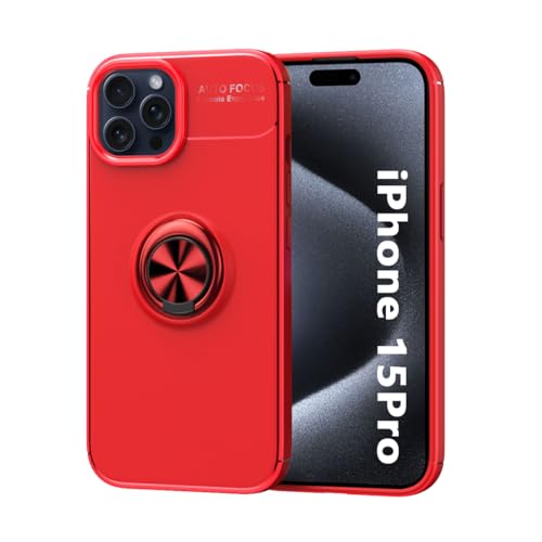 LIUKM Case Compatible with iPhone 15 Pro Case, 360° Ring for Stand Function and Car Holder, Robust, Non-Slip, Shockproof, Silicone Case, Mobile Phone Case, Protective Cover-Red von LIUKM