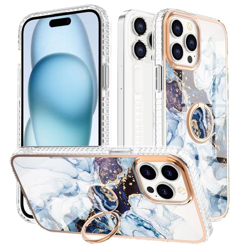 LIUKM Case Compatible with iPhone 15 Pro Case Slim Lightweight and Stylish Shockproof Protective with 360 Gold Magnetic Ring Stand Holder Case Marble Pattern Design Soft TPU Hülle-Blau von LIUKM