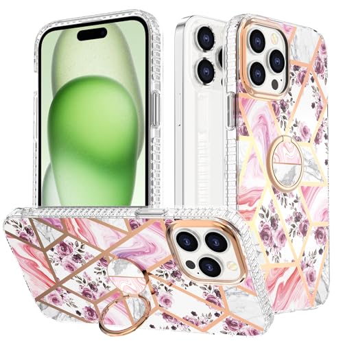 LIUKM Case Compatible with iPhone 15 Pro Case Slim Lightweight and Stylish Shockproof Protective with 360 Gold Magnetic Ring Stand Holder Case Marble Pattern Design Soft TPU Hülle-Lila Blüten von LIUKM