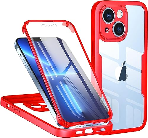 LIUKM Handyhülle für iPhone 15 Plus,Case Silikon Eingebauter Displayschutz, Stoßfester 360 Grad Ganzkörper Hartschale Keine Vergilbungen Komplett Schutzhülle beidseitig - Rot von LIUKM