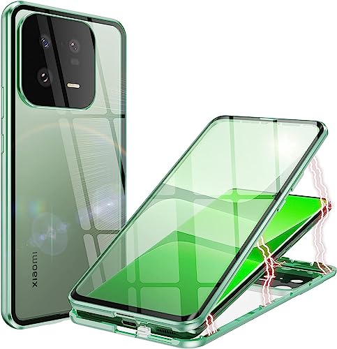 LIUKM Hülle für Xiaomi 13, Magnetic Adsorption Metal Bumper Flip Cover with 360 Degree Protection Double Sides Transparent Tempered Glass Phone Case for Xiaomi 13 - Grün von LIUKM