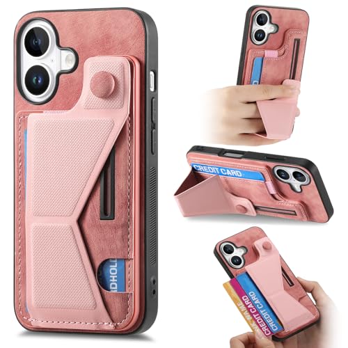 LIUKM Hülle für iPhone 16, Ultra Dünn aus hochwertigem PU/TPU-Leder, mit Kartenfächern und Halterung, kompatibel mit Magnetischem Autohalter Handyhülle Ledertasche für iPhone 16 - Rosa von LIUKM