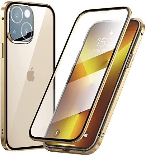 LIUKM Hülle für iPhone 13 Magnetische Adsorption Handyhülle 360 Grad Stoßschutz Vorne hinten Gehärtetes Glas Schutzhülle Metallrahmen Cover Case - Gold von LIUKM