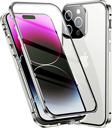 LIUKM Hülle für iPhone 14 Pro Magnetische Adsorption Handyhülle 360 Grad Stoßschutz Vorne hinten Gehärtetes Glas Schutzhülle Metallrahmen Case - Silber von LIUKM