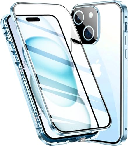 LIUKM Hülle für iPhone 15 Magnetische Adsorption Handyhülle 360 Grad Stoßschutz Vorne hinten Gehärtetes Glas Schutzhülle Metallrahmen Case - Blau von LIUKM