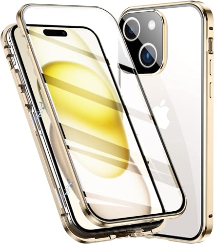 LIUKM Hülle für iPhone 15 Magnetische Adsorption Handyhülle 360 Grad Stoßschutz Vorne hinten Gehärtetes Glas Schutzhülle Metallrahmen Case - Gold von LIUKM