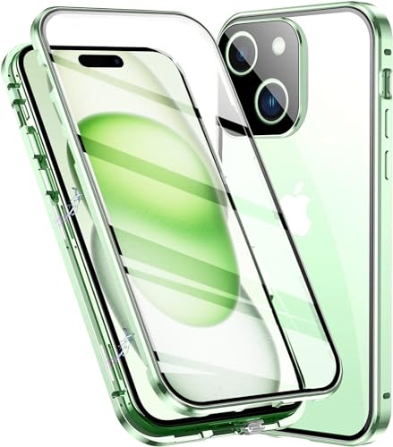 LIUKM Hülle für iPhone 15 Magnetische Adsorption Handyhülle 360 Grad Stoßschutz Vorne hinten Gehärtetes Glas Schutzhülle Metallrahmen Case - Grün von LIUKM
