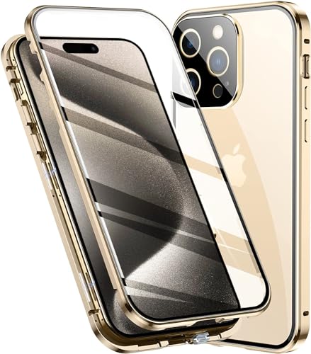 LIUKM Hülle für iPhone 15 Pro Max Magnetische Adsorption Handyhülle 360 Grad Stoßschutz Vorne hinten Gehärtetes Glas Schutzhülle Metallrahmen Case - Gold von LIUKM