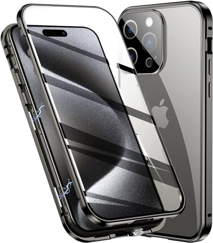 LIUKM Hülle für iPhone 15 Pro Max Magnetische Adsorption Handyhülle 360 Grad Stoßschutz Vorne hinten Gehärtetes Glas Schutzhülle Metallrahmen Case - Schwarz von LIUKM