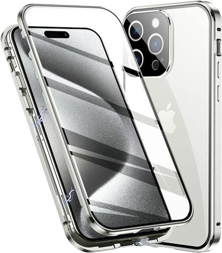 LIUKM Hülle für iPhone 15 Pro Max Magnetische Adsorption Handyhülle 360 Grad Stoßschutz Vorne hinten Gehärtetes Glas Schutzhülle Metallrahmen Case - Silber von LIUKM