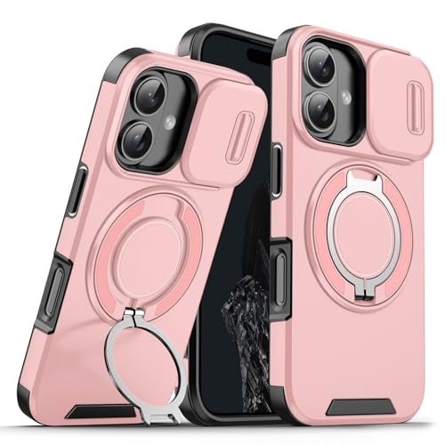 LIUKM Hülle für iPhone 16 Plus mit Kameraschutzabdeckung,Handyhülle integriertem Ständer, kompatibel mit magnetischen Autohalterungen - robuste Schutzhülle für iPhone 16 Plus - Rosa von LIUKM