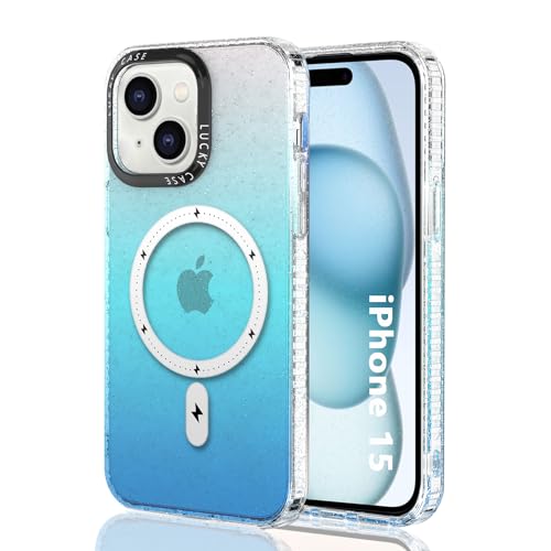 LIUKM Magnetic Case Compatible with iPhone 15,Handyhülle Transparent Glitter Light Thin TPU Bumper PC Shell Cover Case Mobile Phone Case iPhone 15 Hülle Inch Crystal Clear-Blau von LIUKM