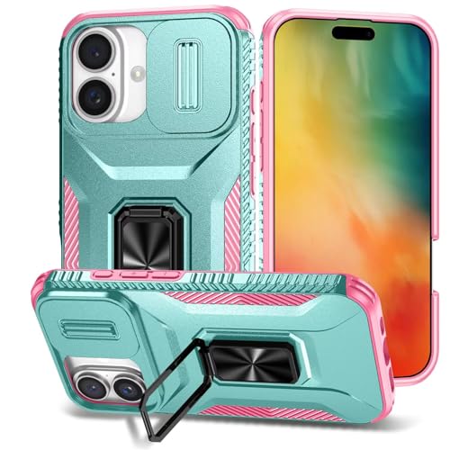 LIUZIHAN Handyhülle für Apple iPhone 16e Hülle, Flexible Rugged TPU+PC Hybrid Armor Stoßfest, Mit Standfunktion, Schutzhülle Cover für Apple iPhone 16e.(Grün/rosa) von LIUZIHAN