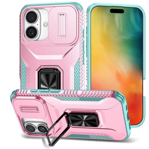 LIUZIHAN Handyhülle für Apple iPhone 16e Hülle, Flexible Rugged TPU+PC Hybrid Armor Stoßfest, Mit Standfunktion, Schutzhülle Cover für Apple iPhone 16e.(Rosa/grün) von LIUZIHAN