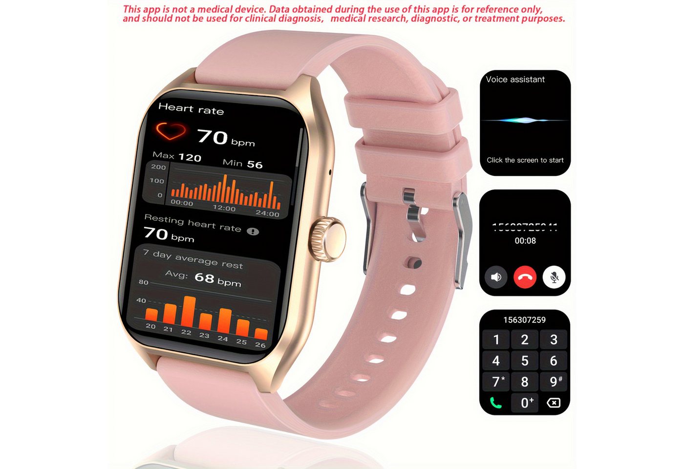 LIVLOV für Männer und Frauen (Annehmen/Tätigen/Ablehnen von Anrufen) Smartwatch (1.96 cm, Andriod iOS), mit Körpertemperatur-/Schlafmonitor Aktivitätstracker 100 Sportmodi von LIVLOV
