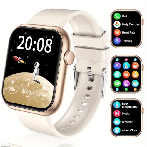 Smartwatch Damen Herren, 2.0 Zoll HD-Display Smart Watch mit Bluetooth Anrufe, Fitness Tracker mit Herzfrequenz SpO2 Schlafmonitor Schrittzähler, IP68 Wasserdicht Fitnessuhr für Android iOS (Beige) von LIVLOV