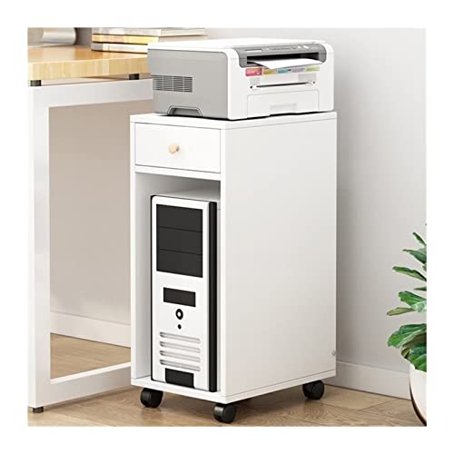 LJHFG63KUYT Büro PC-Tower-Ständer mit Stauraum, 2-stufiger rollender CPU-Halter aus Holz mit Schublade, mobiler Druckerwagen, PC-Gehäusehalter for das Heimbüro Zubehör(Weiß) von LJHFG63KUYT