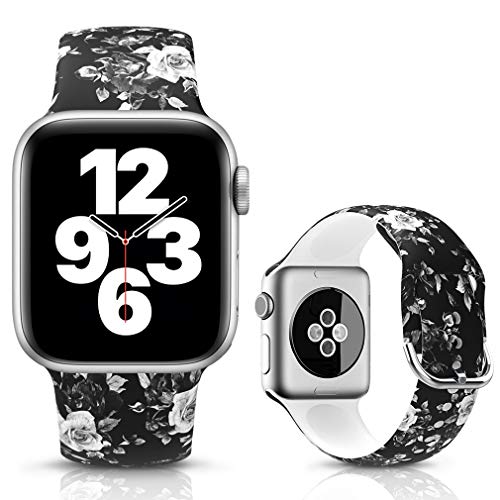 LJLB Ersatzarmband Kompatibel mit Apple Watch Armband 42mm 44mm, Silikon Blumen Bedrucktes Fadeless Pattern Sport Armband für iWatch Series SE 6/5/4/3/2/1, M/L, Grau Rose von LJLB