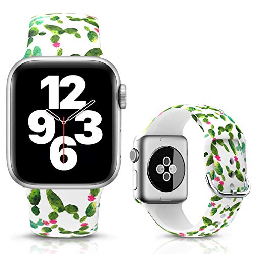 LJLB Ersatzarmband Kompatibel mit Apple Watch Armband 42mm 44mm, Silikon Blumen Bedrucktes Fadeless Pattern Sport Armband für iWatch Series SE 6/5/4/3/2/1, S/M, Kaktus von LJLB