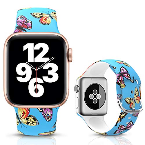 LJLB Ersatzarmband Kompatibel mit Apple Watch Armband 42mm 44mm, Silikon Blumen Bedrucktes Fadeless Pattern Sport Armband für iWatch Series SE 6/5/4/3/2/1, S/M, Schmetterling von LJLB