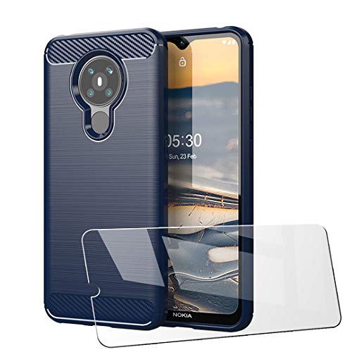 LJSM Schutzfolie für Nokia 5.3 Hülle Blau Kohlefaser + 1 x Gehärteter Film Displayschutzfolie - Weich Schutzhülle Flexibel Tasche Case Cover für Nokia 5.3 (6.55") von LJSM