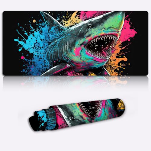 LJSPTU Mauspad, Hai, buntes Tier, Gaming Mauspad (60 x 35 x 0,3) cm, erweiterte große Matte, Schreibtischunterlage, genähter Rand, waschbare Schreibtischorganisation und Zubehör von LJSPTU