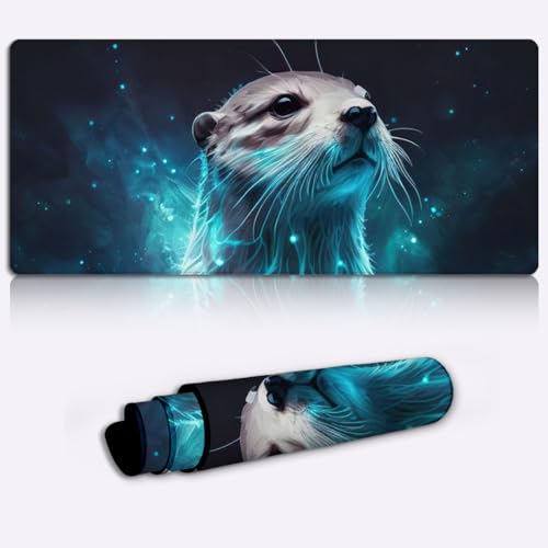 LJSPTU Mousemat Otter Neon Gaming Mauspad (60 x 35 x 0,3 cm), großes Stoff Mauspad mit wasserdichter und Rutschfester Gummiunterseite für Büro Computer Schreibtischunterlage von LJSPTU