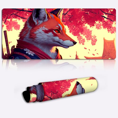 LJSPTU Schreibtischunterlage, Samurai Fuchs, lang ausziehbar (60 x 35 x 0,3 cm), langes Computer Tastatur Mauspad, großes Gaming Mauspad mit genähten Kanten für das Heimbüro, den Gaming Raum von LJSPTU