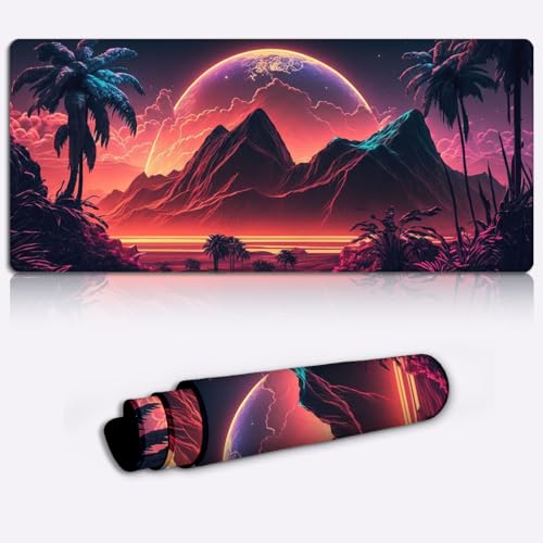 Tischunterlage Synthwave Neon Palms XXL Mauspad, groß (90 x 40 x 0,3 cm), Tischunterlage/groß, wasserdicht, Schreibtisch Schreibunterlage, Desktop Tastatur, erweitertes Mauspad von LJSPTU