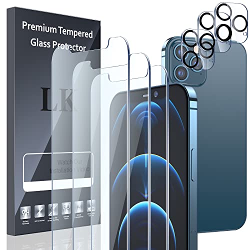 LK 3 + 3 Hartglas, kompatibel mit iPhone 12 Pro Max, 3 Displayschutzfolien und 3 Rückseiten-Kamera-Schutz, kratzfest, ohne Luftblasen, mit Einbaurahmen von LK