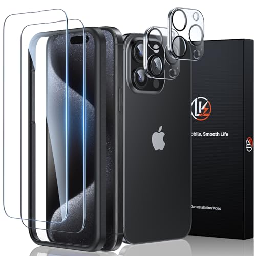 LK Panzer Schutz Glas für iPhone 15 Pro Max Schutzfolie, 2 Stück Panzerfolie + 2 Stück Kameraschutz, Rahmen-Installationshilfe, Frei von Kratzern Displayschutz, 9H Härte Ultra-klar Panzerfolie von LK