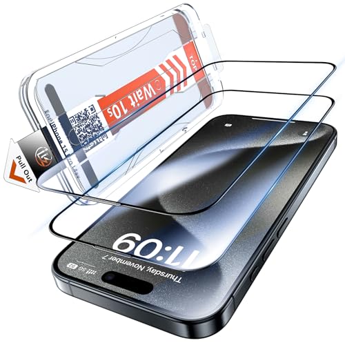 LK Panzer Schutz Glas für iPhone 15 Pro Max Schutzfolie [Full Screen] Auto-Installation Schutzglas [9H TOP Härte] Stoßfest Kratzfest Anti-Fingerabdruck Anti-Öl Anti-Bläschen, 2 Stück von LK